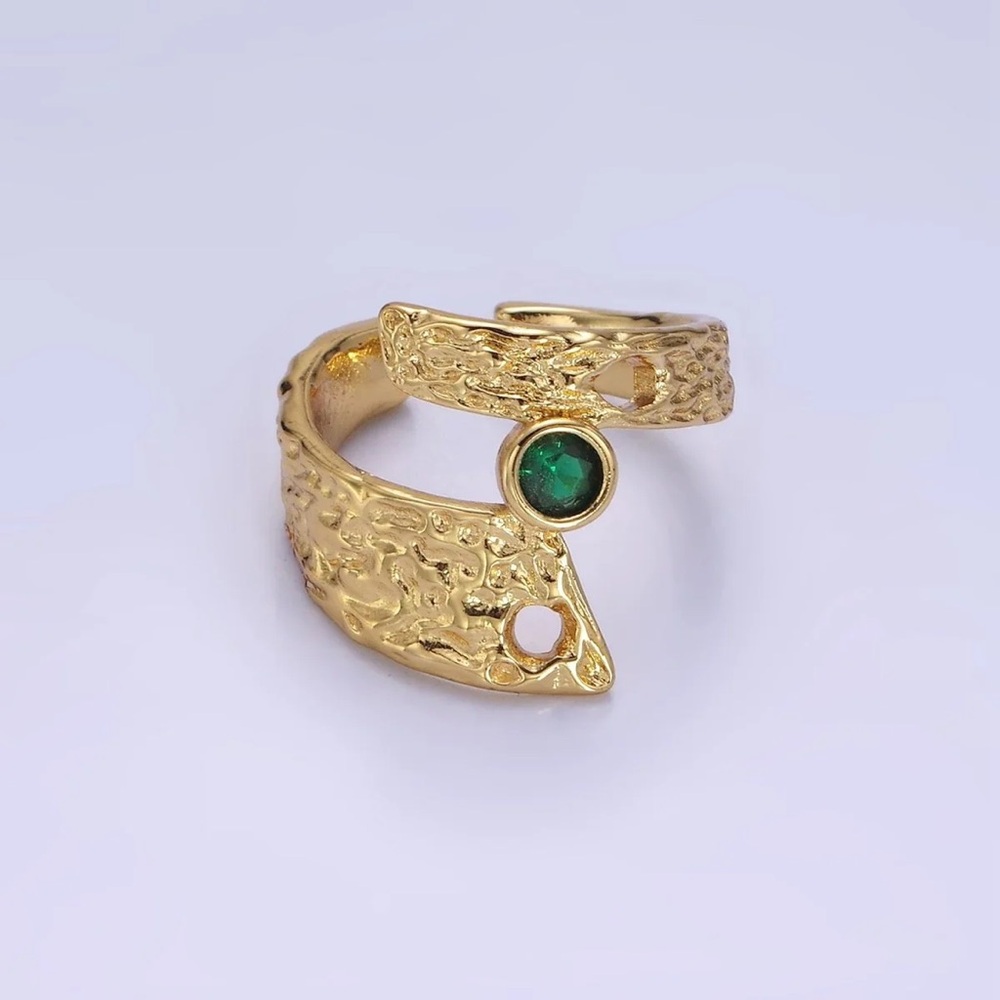14K Gold Filled Green CZ Hammered Wide Wrap Ring